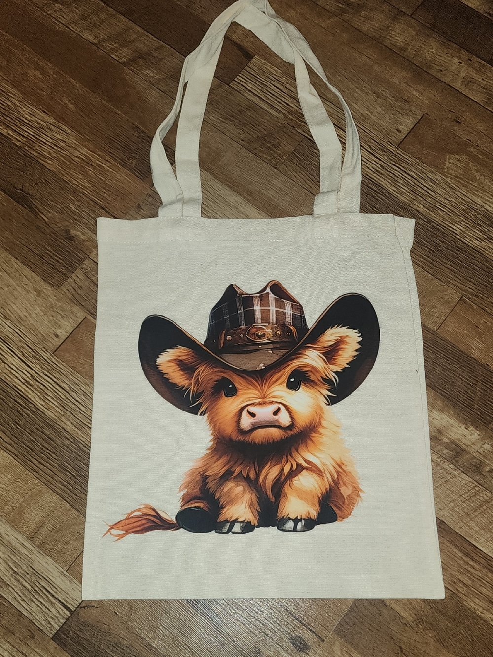 Kids Cute Highland Calf Canvas Tote Bag - Cream. 13x15